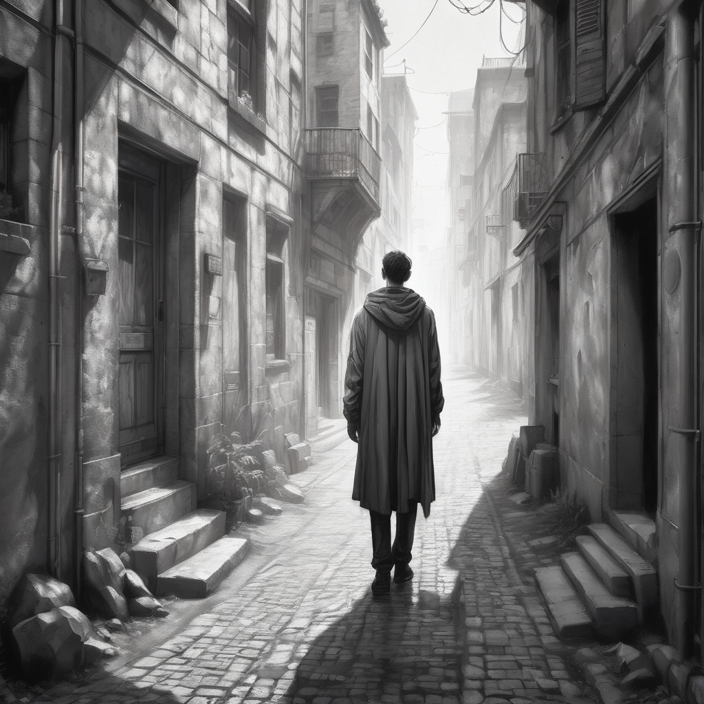 A washed out scene in tones of gray with a lonely young man walking down a quiet cobbled street